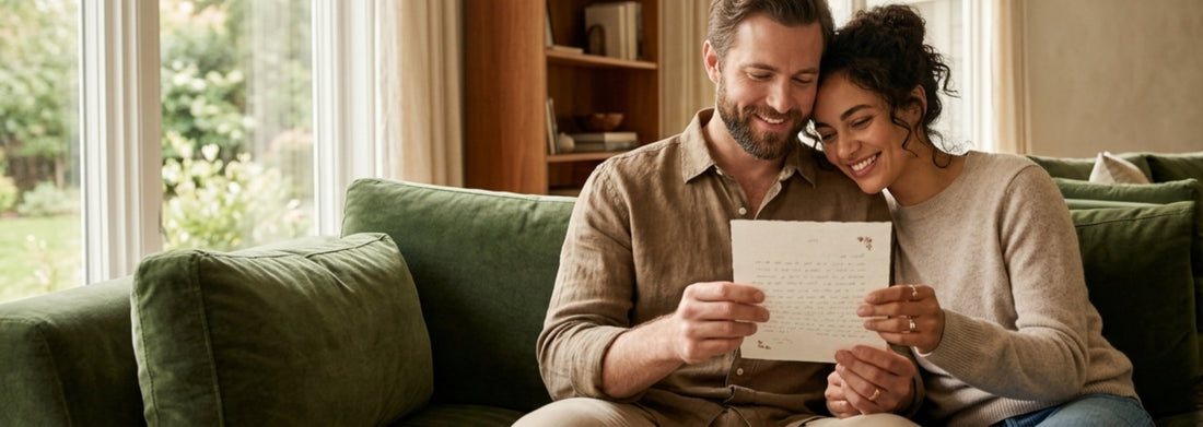 A newlywed couple read over an old love letter.