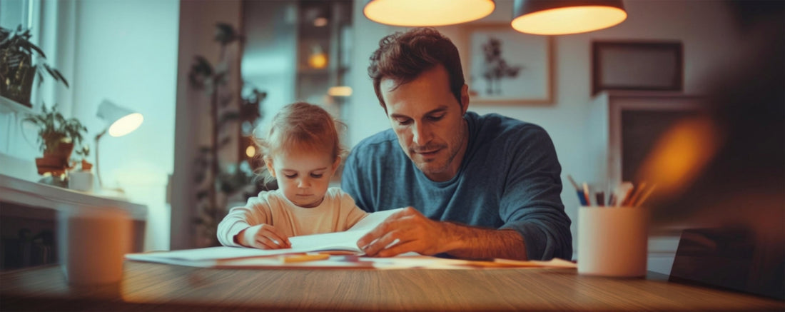 Father and daughter look through baby memories.