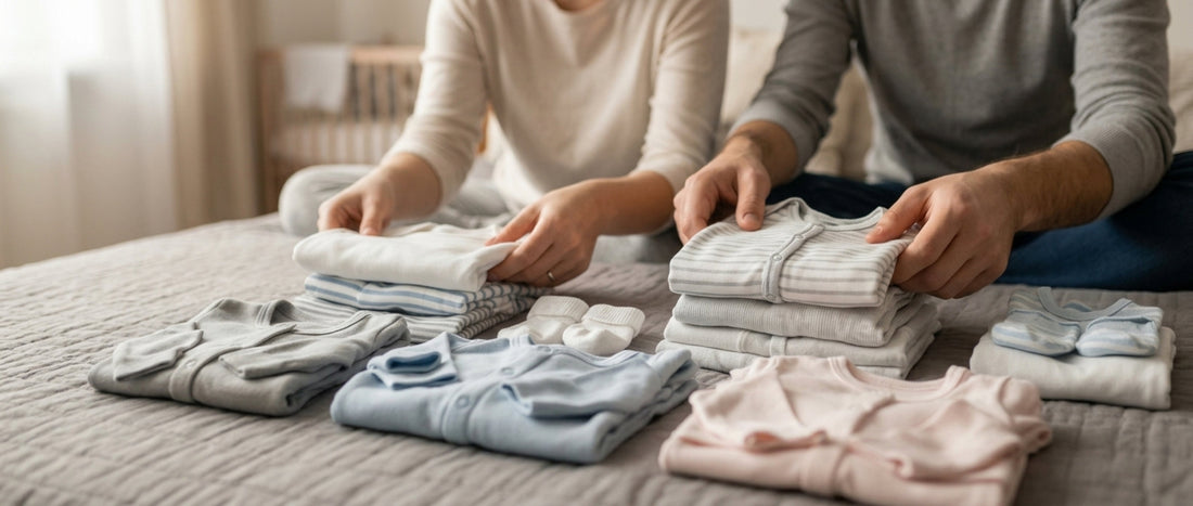 parents folding baby outfits