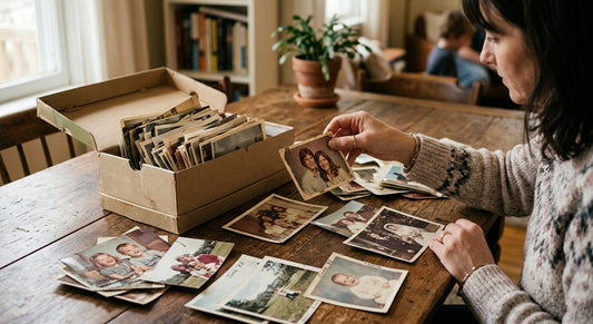 A woman goes through a shoebox of old family photos.