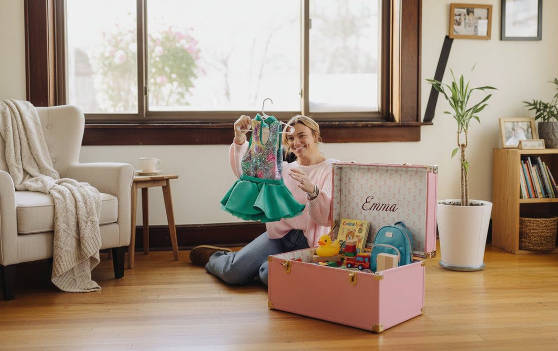 A mom enjoys going through her daughter's trunk.