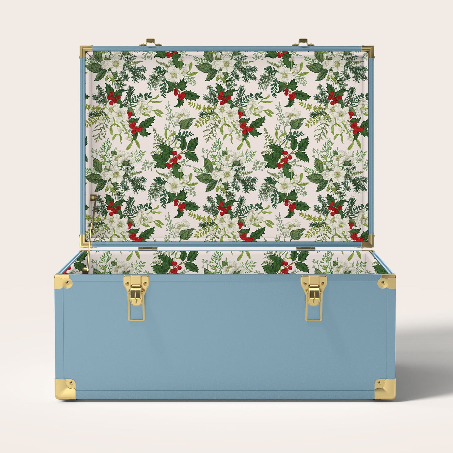 Blue trunk with Christmas holly interior pattern