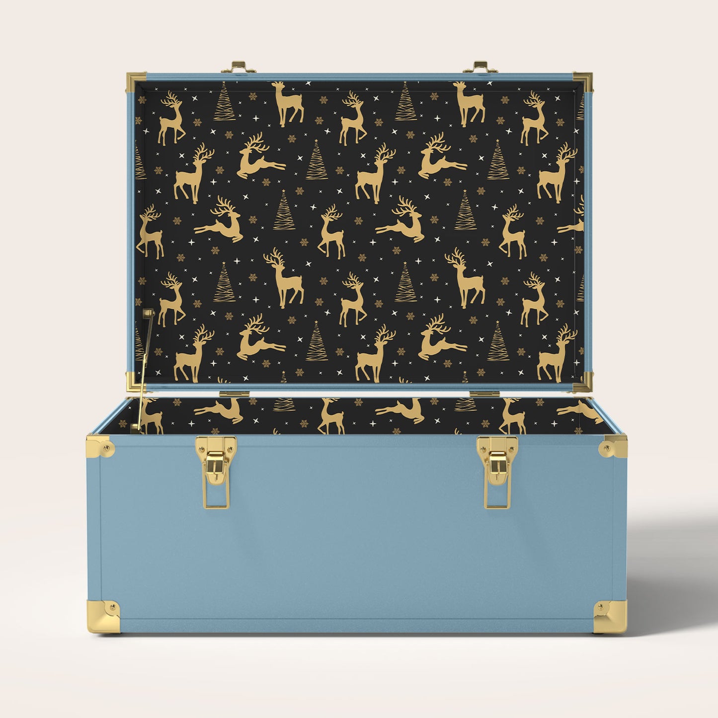 Blue trunk with gold deer and tree interior pattern