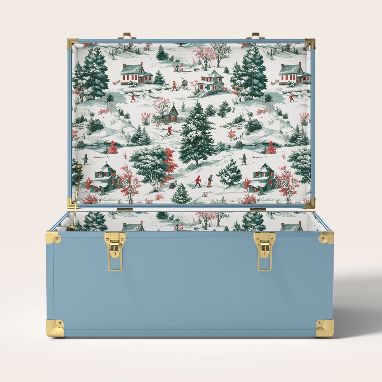 Light blue trunk with a decorative winter scene interior pattern