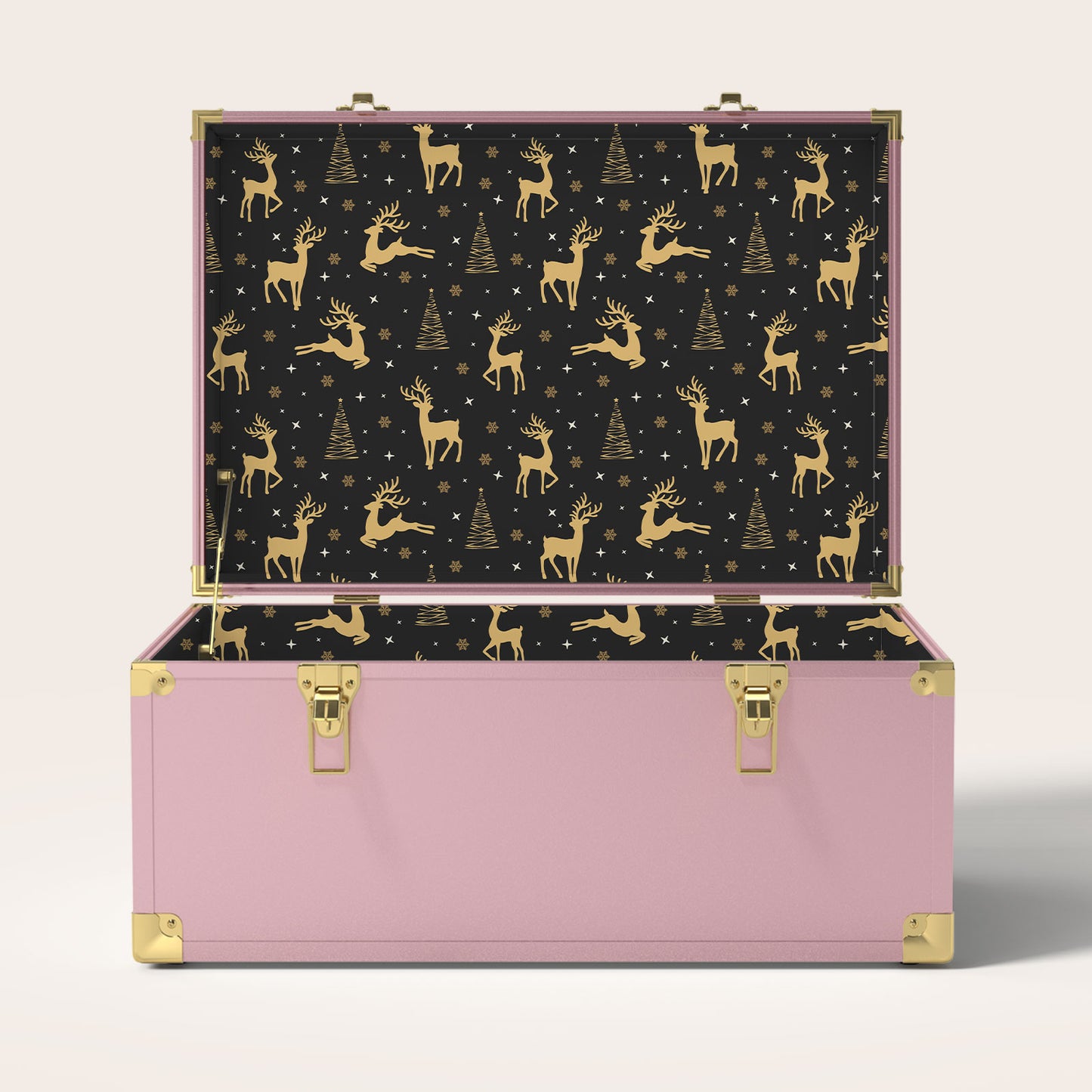 Pink trunk with gold deer and tree interior pattern