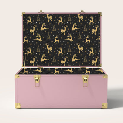 Pink trunk with gold deer and tree interior pattern