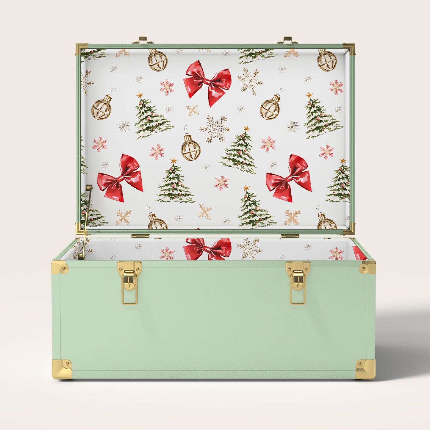 Green storage trunk with Christmas-themed interior pattern