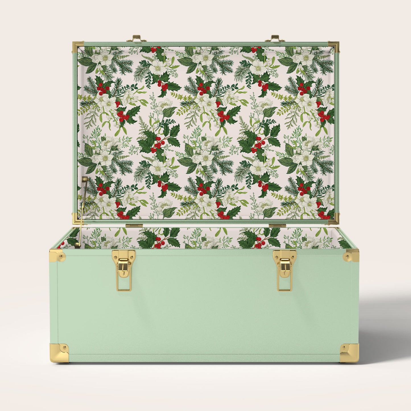 Green trunk with Christmas holly interior pattern
