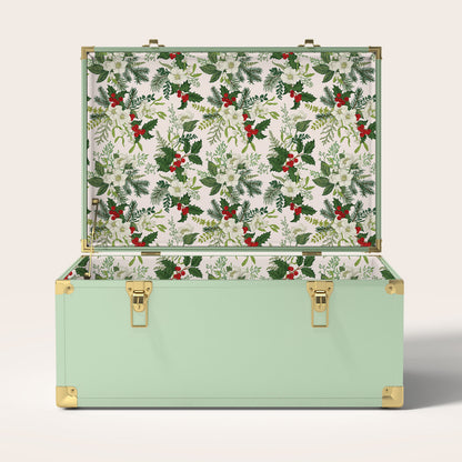 Green trunk with Christmas holly interior pattern
