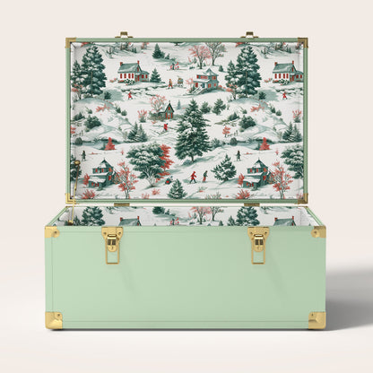 Green trunk with a decorative winter scene interior pattern