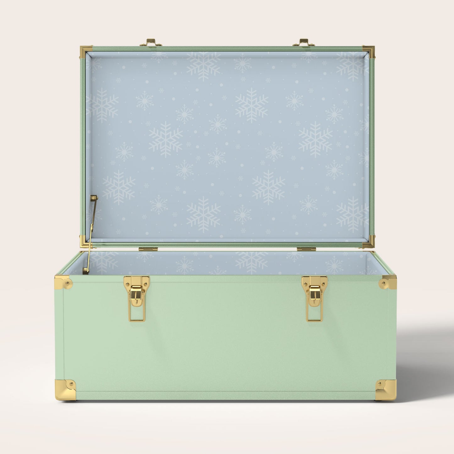 Green trunk with a light blue snowflake interior pattern 