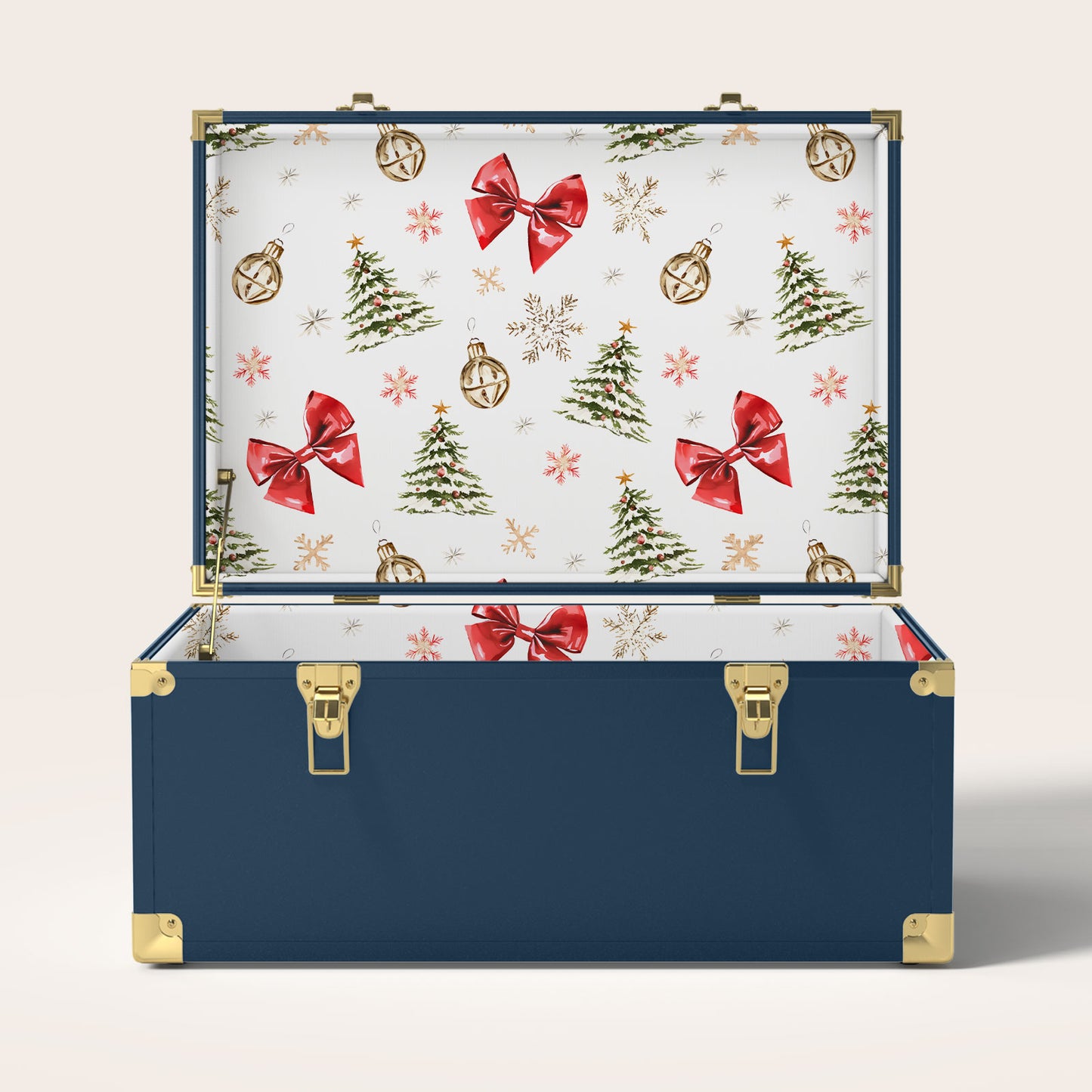 Navy storage trunk with Christmas-themed interior pattern