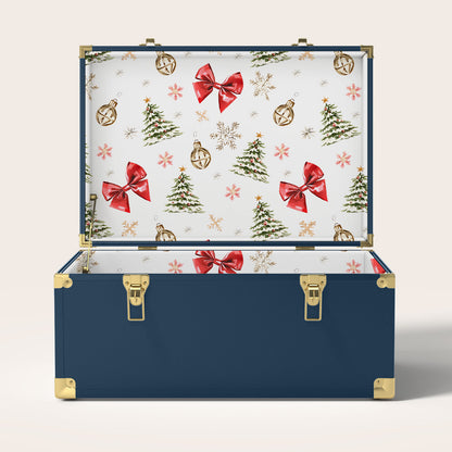 Navy storage trunk with Christmas-themed interior pattern