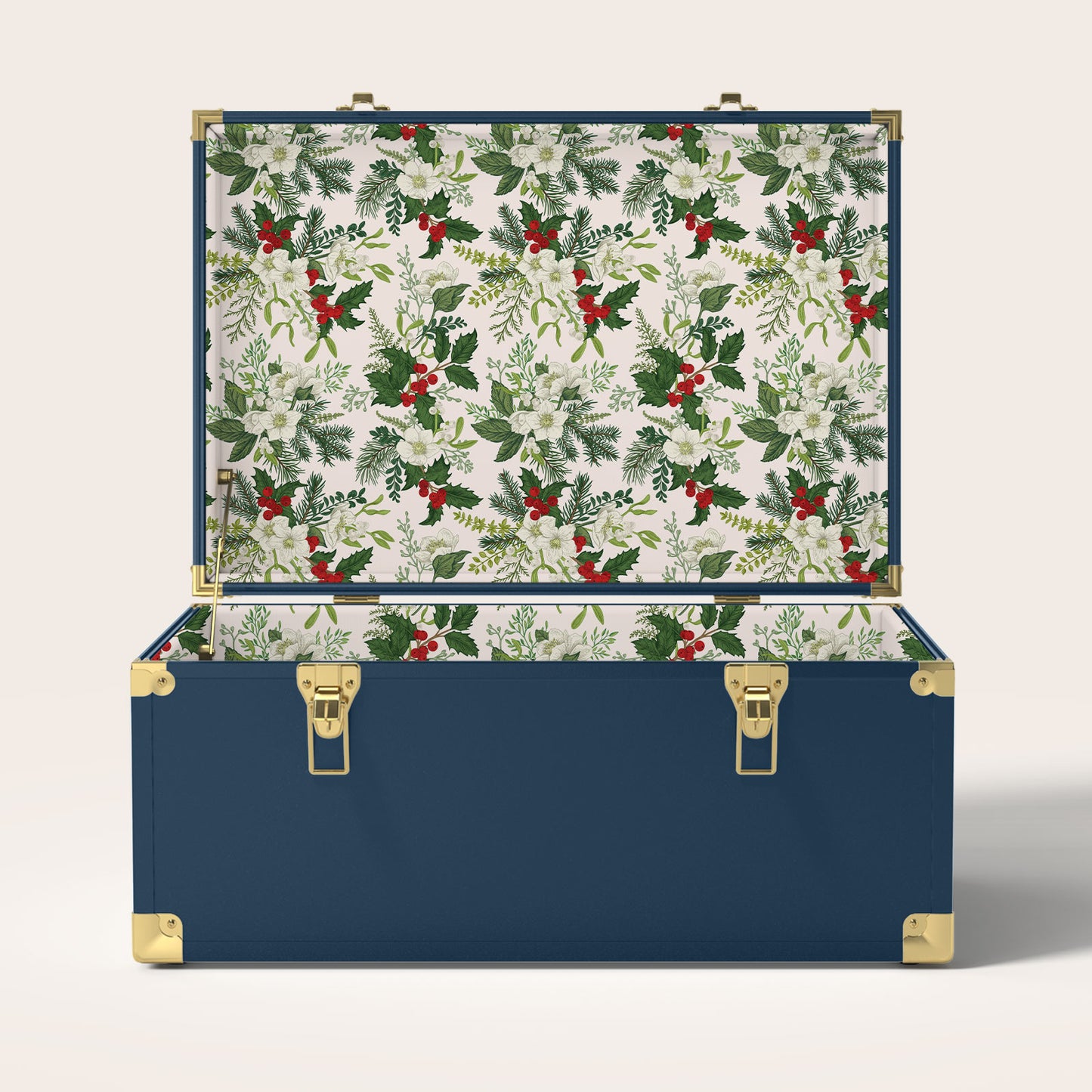 Navy trunk with Christmas holly interior pattern