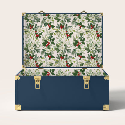 Navy trunk with Christmas holly interior pattern