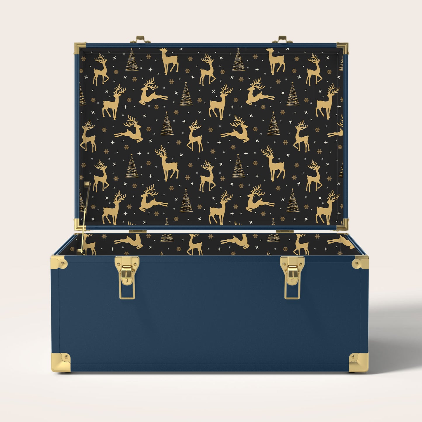 Navy trunk with gold deer and tree pattern on black