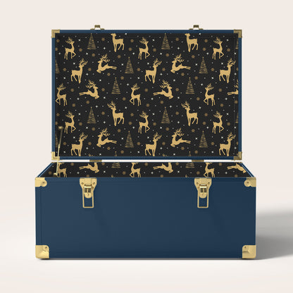Navy trunk with gold deer and tree pattern on black