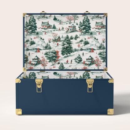 Navy trunk with a festive winter interior pattern.