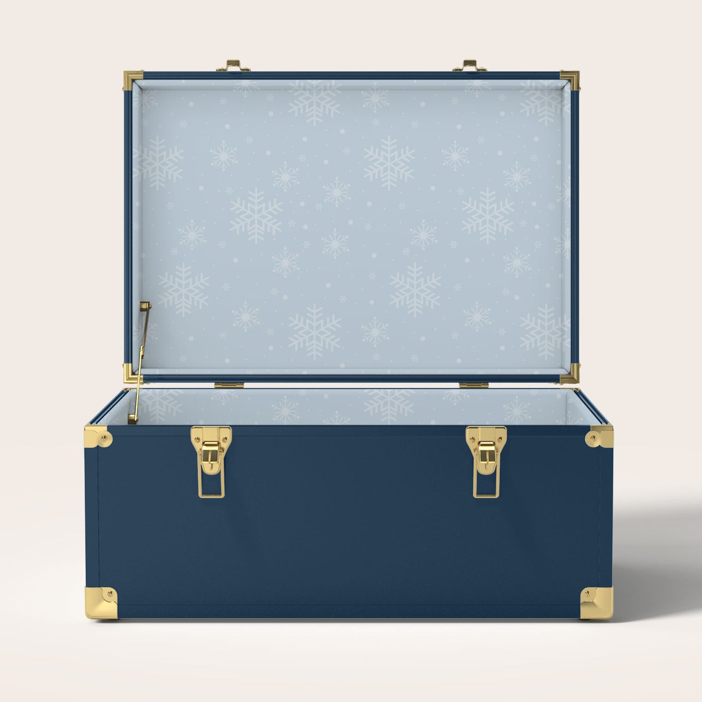 Navy trunk with a light blue snowflake interior pattern 