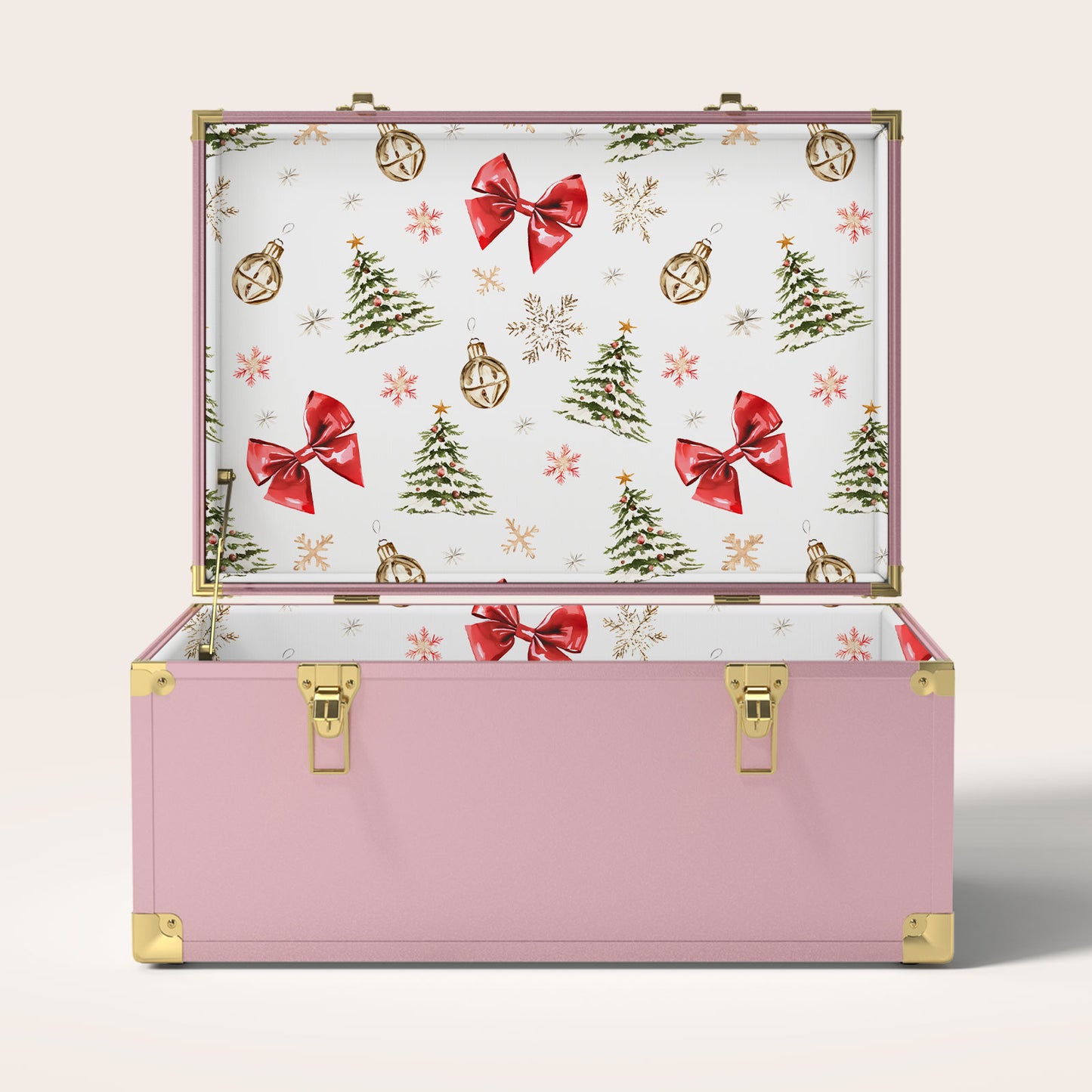 Pink storage trunk with Christmas-themed interior pattern