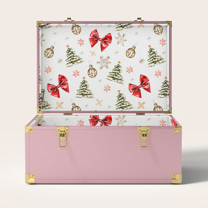 Pink storage trunk with Christmas-themed interior pattern