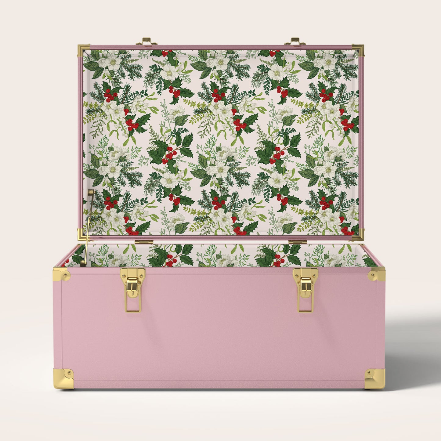 Pink trunk with Christmas holly interior pattern