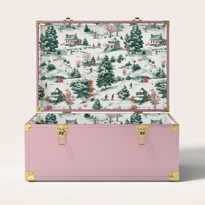 Pink trunk with a decorative winter scene interior pattern