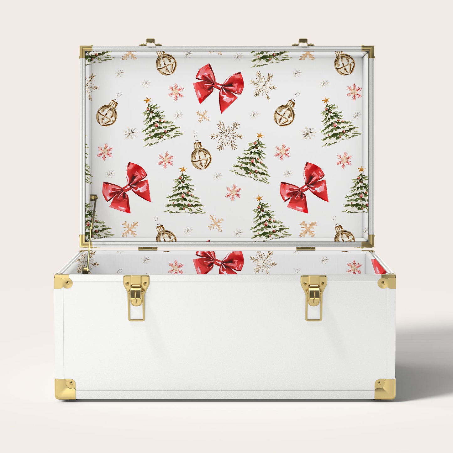 White storage trunk with Christmas-themed interior pattern
