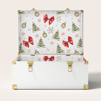 White storage trunk with Christmas-themed interior pattern