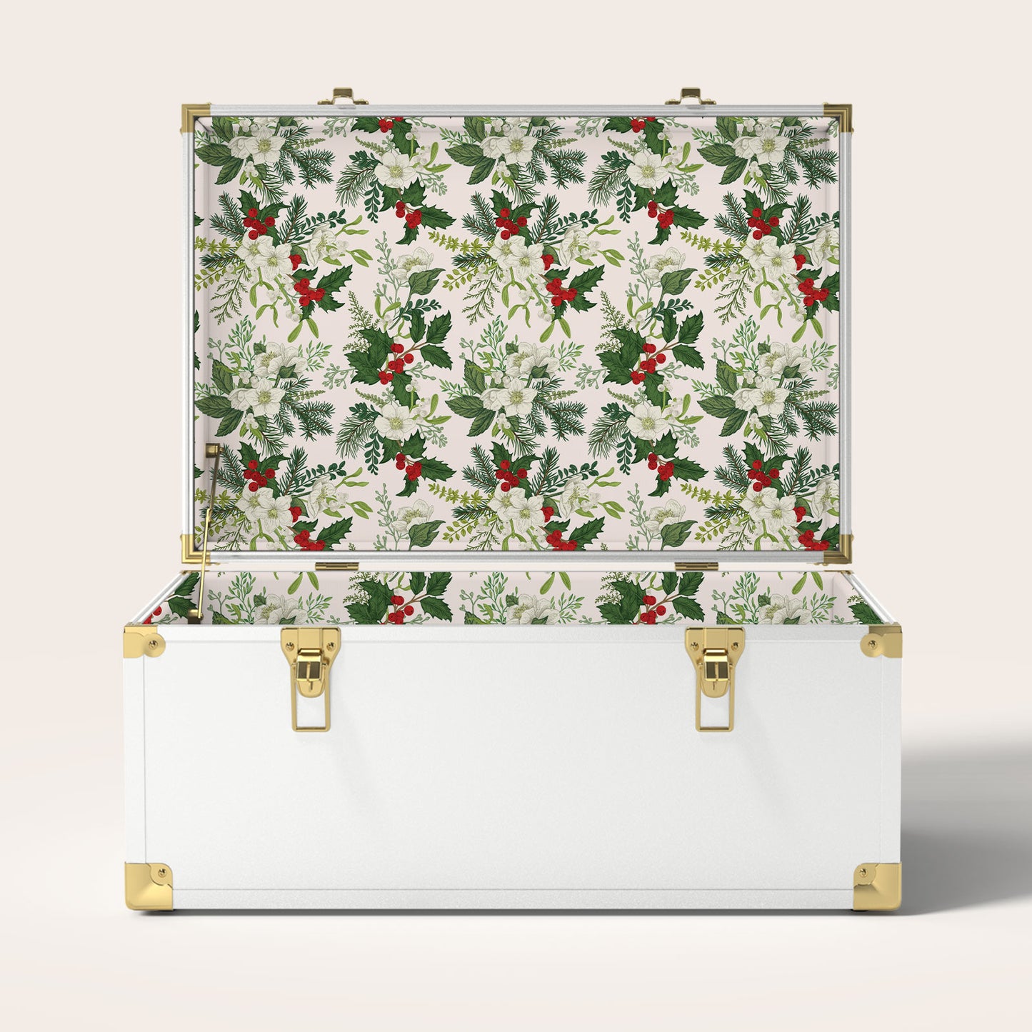 White trunk with Christmas holly interior pattern