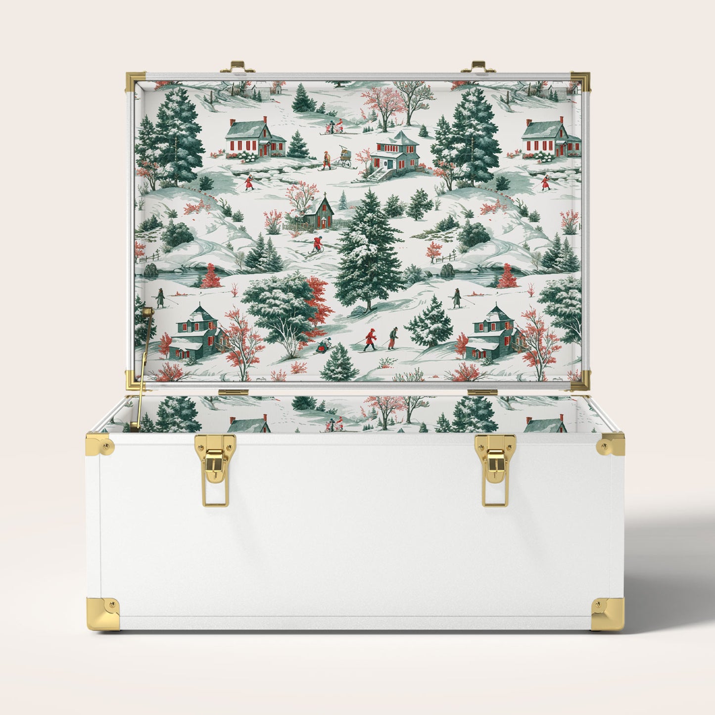 White trunk with a decorative winter scene interior pattern