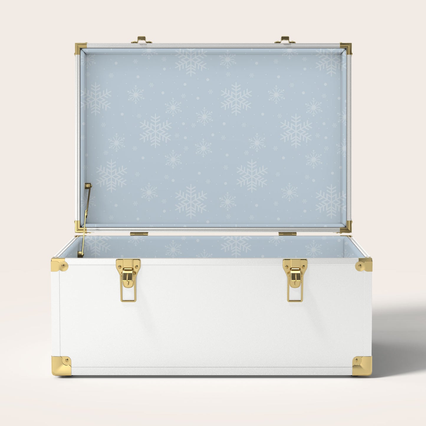 White trunk with a light blue snowflake interior pattern