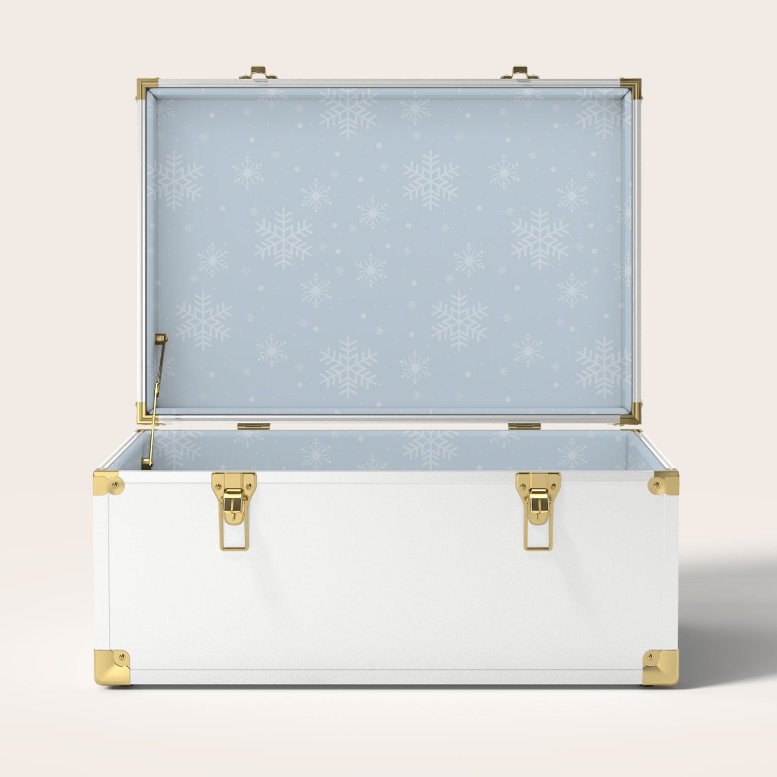 White trunk with a light blue snowflake interior pattern