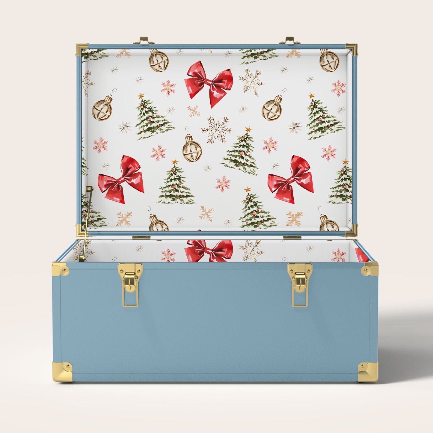 Blue storage trunk with Christmas-themed interior pattern