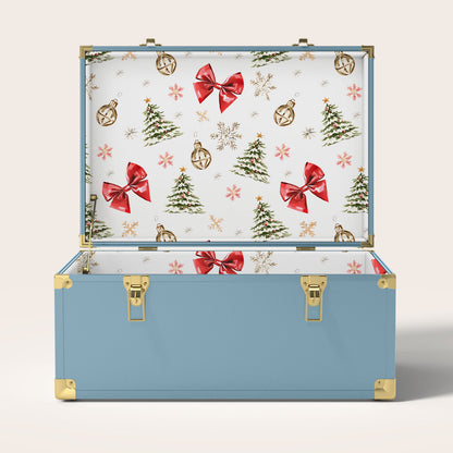 Blue storage trunk with Christmas-themed interior pattern
