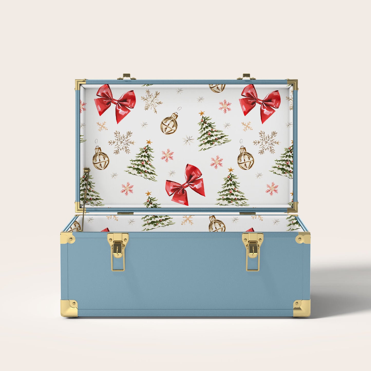 Blue trunk with Christmas-themed interior pattern