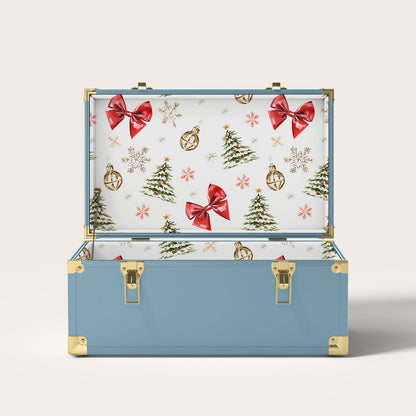 Blue trunk with Christmas-themed interior pattern