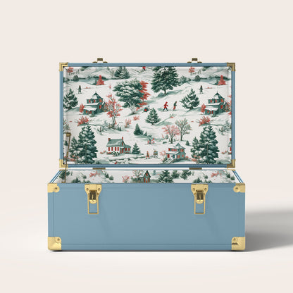 Blue trunk with a winter scene interior pattern