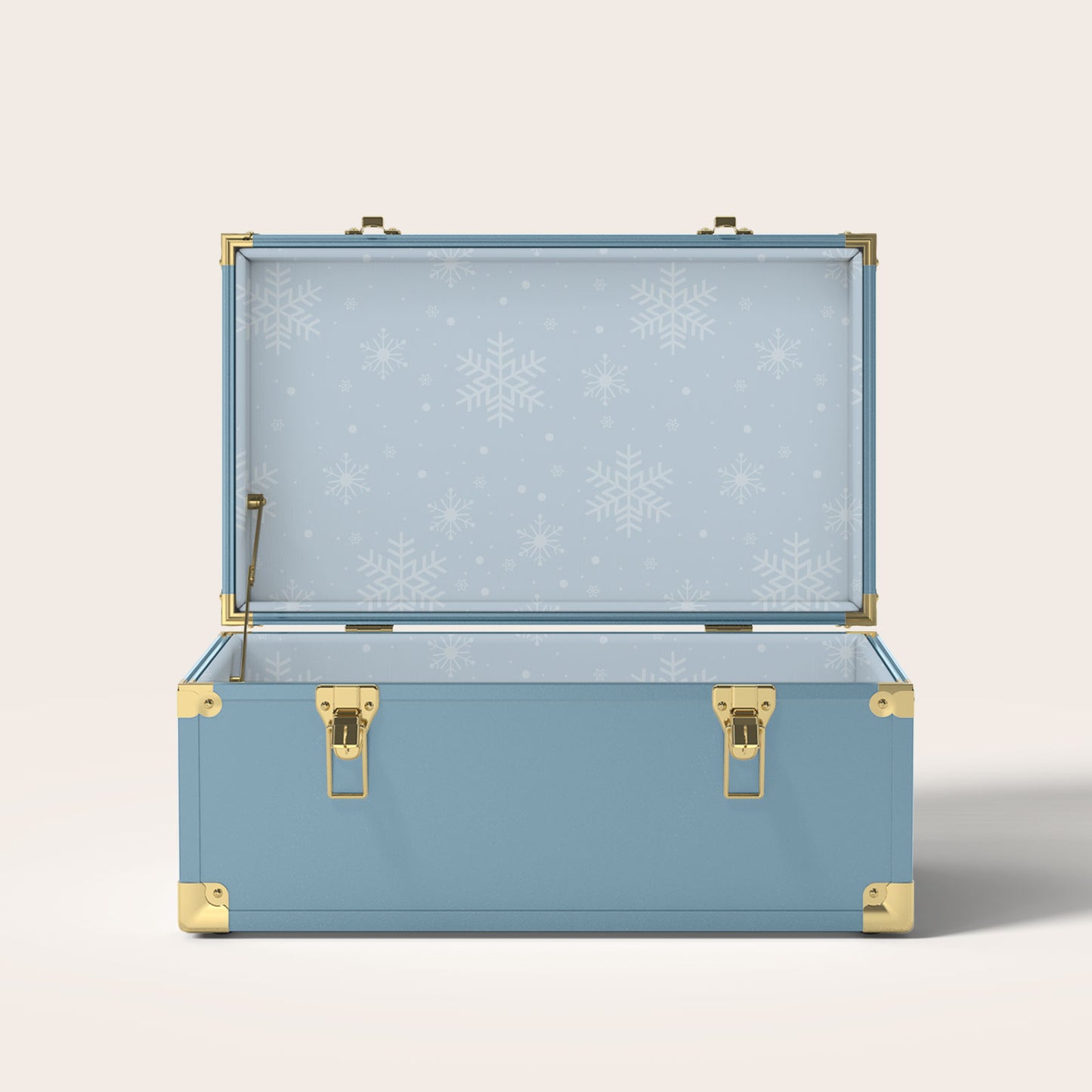 blue trunk with light blue snowflake interior pattern