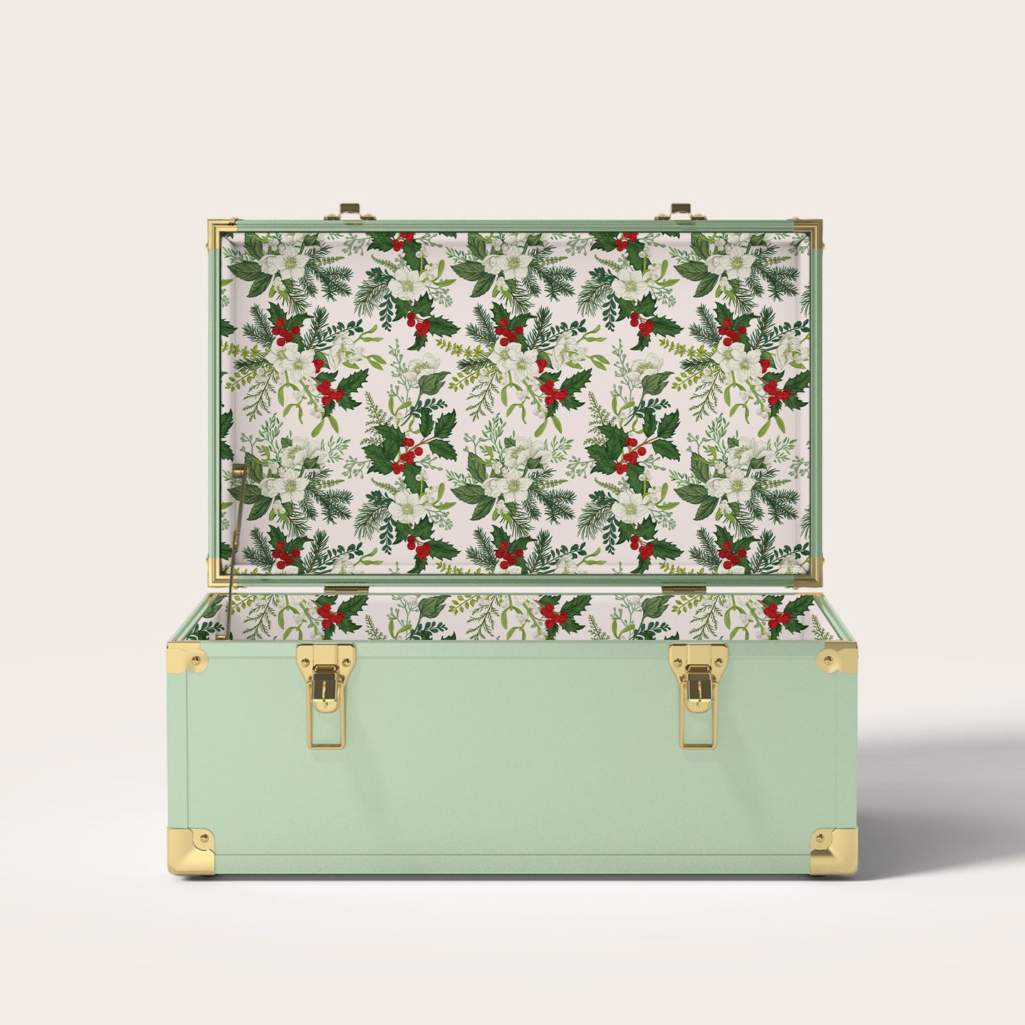 Green trunk with Christmas holly interior pattern.