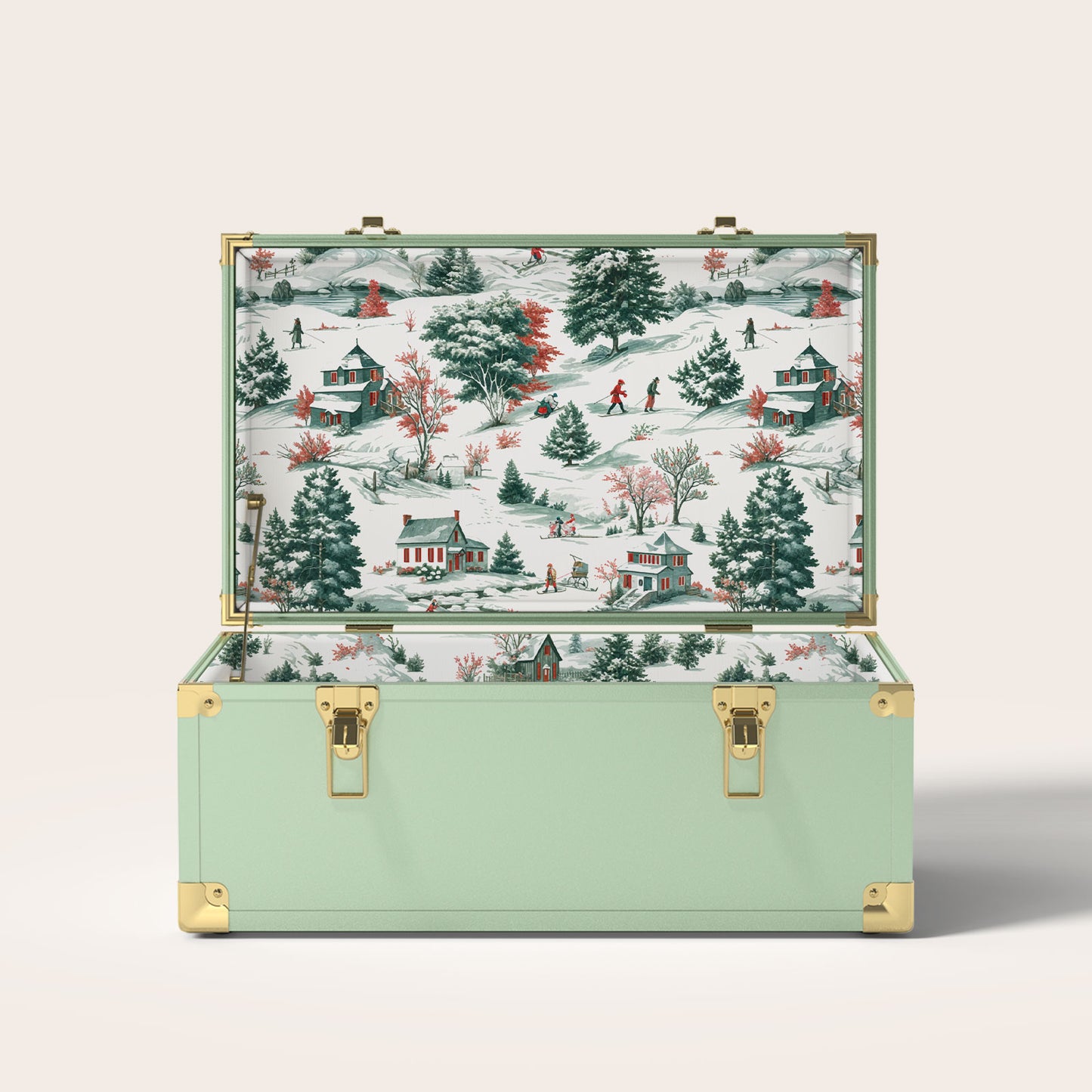 Green trunk with a winter scene interior pattern