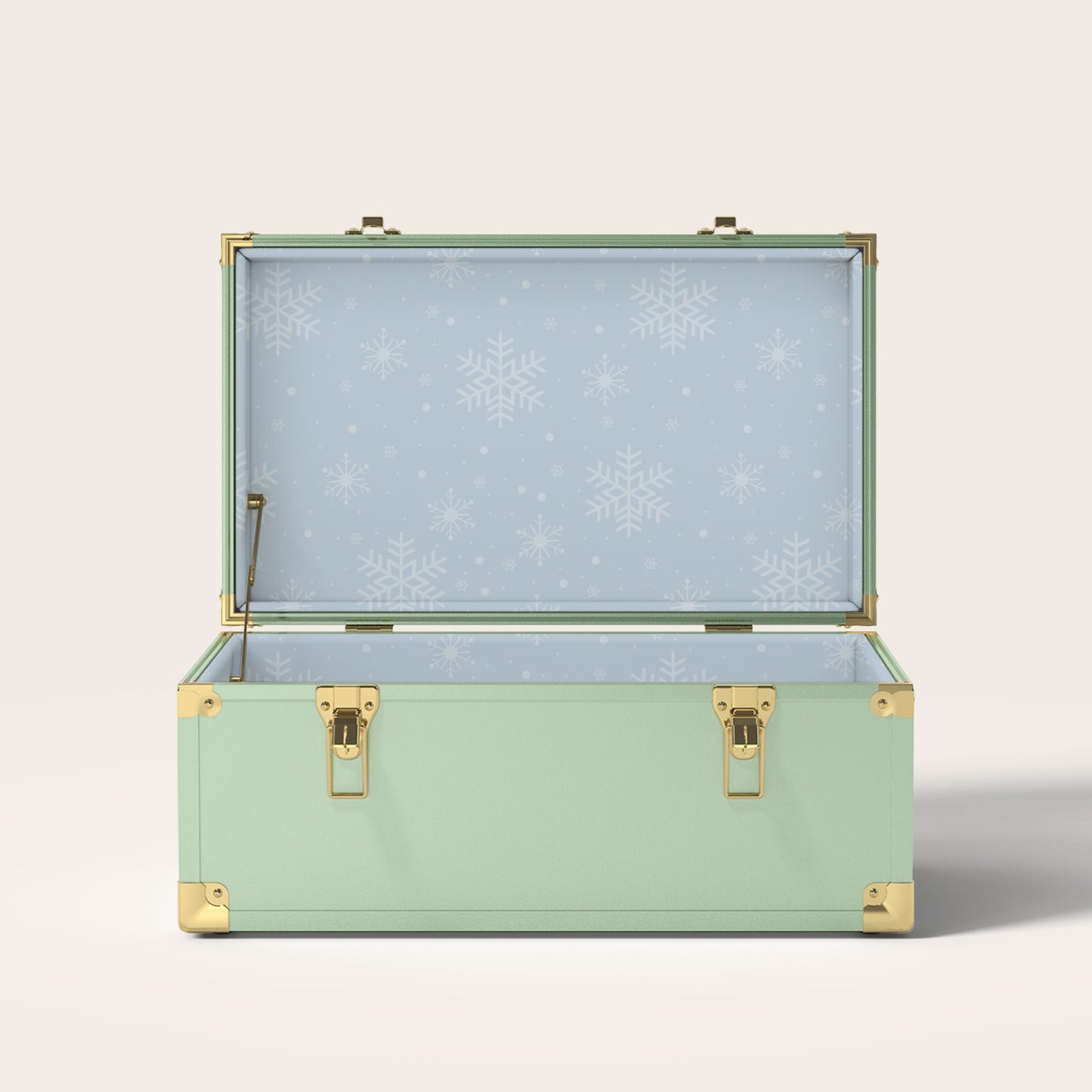Green trunk with light blue snowflake interior pattern