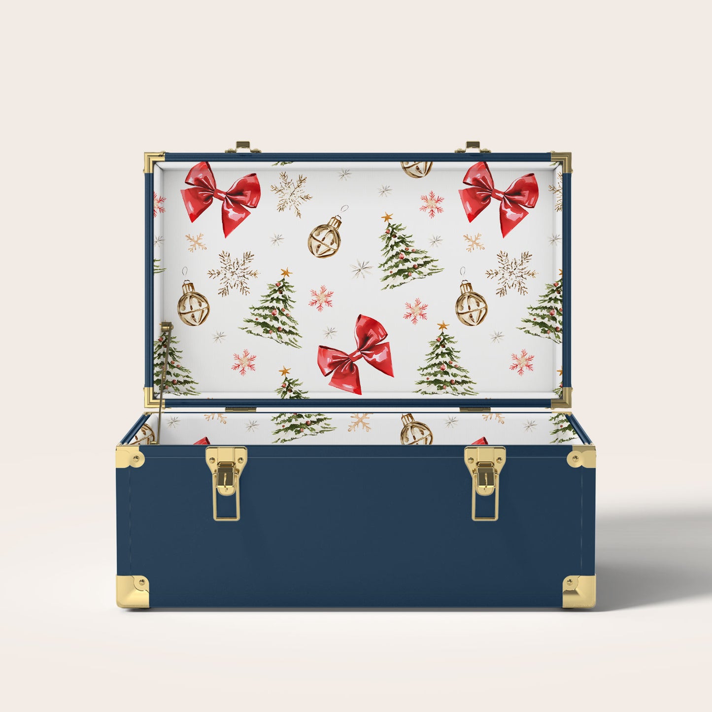 Navy trunk with Christmas-themed interior pattern