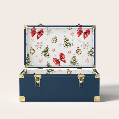 Navy trunk with Christmas-themed interior pattern