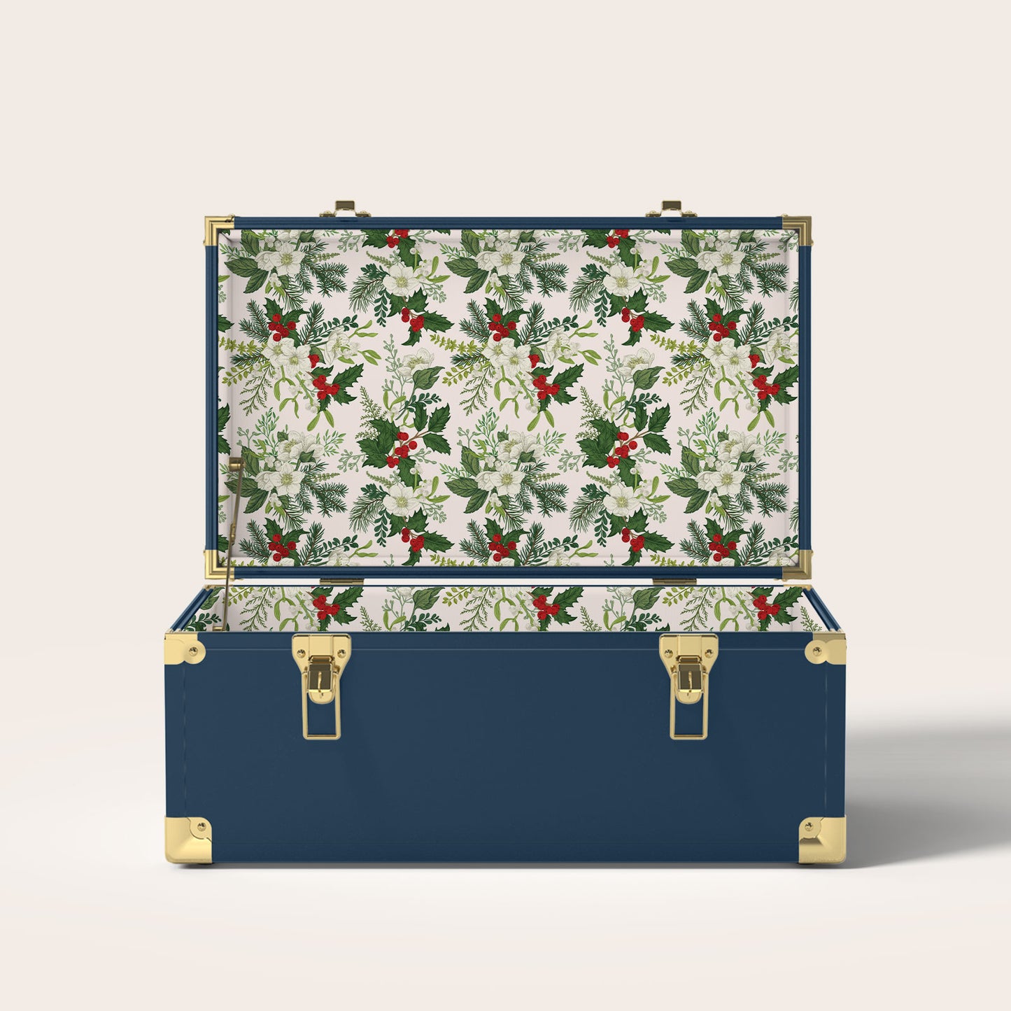 Navy trunk with Christmas holly interior pattern.