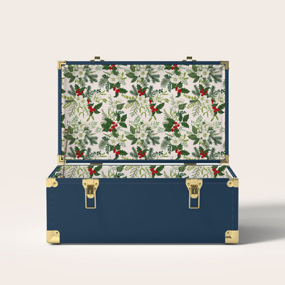 Navy trunk with Christmas holly interior pattern.
