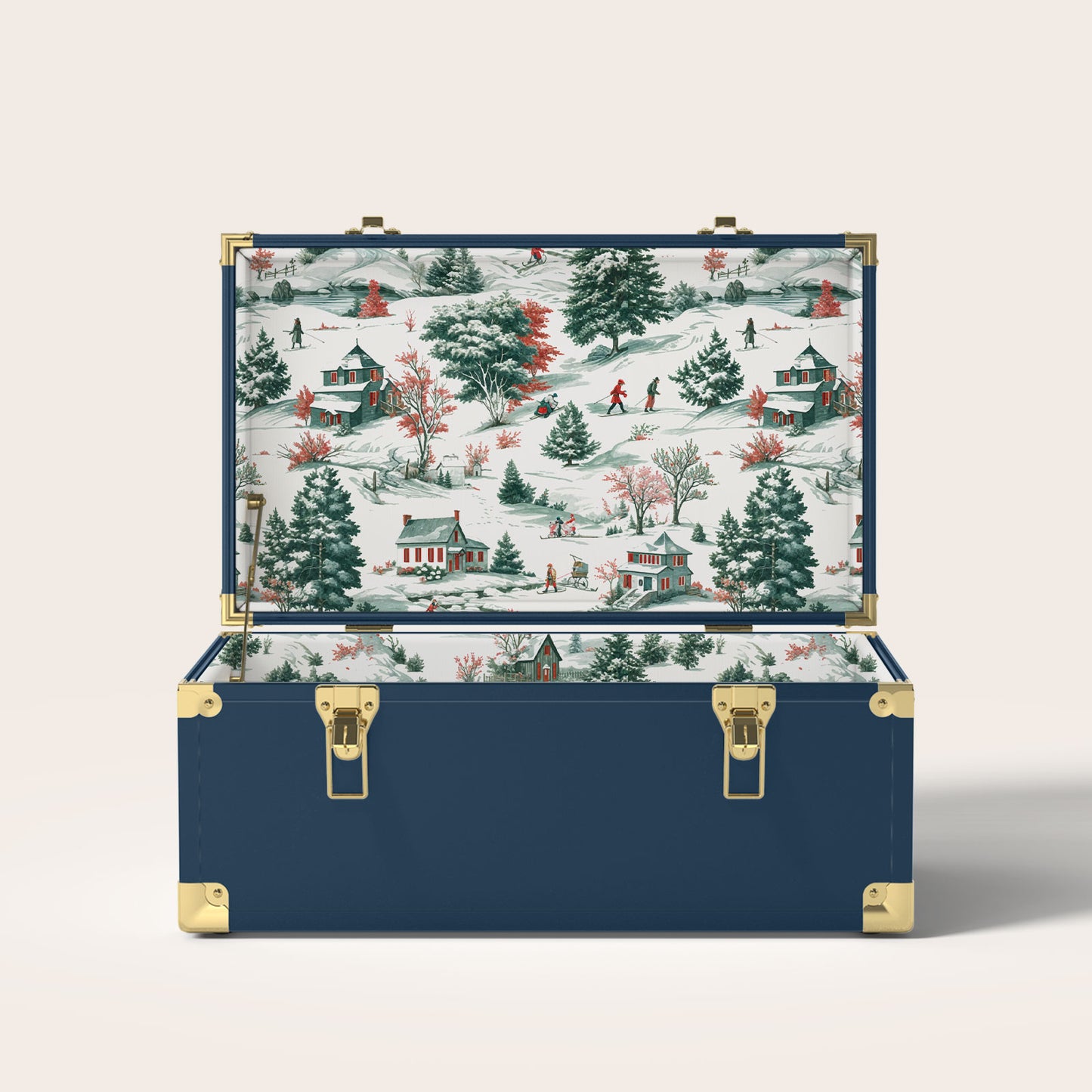 Navy trunk with a winter scene interior pattern