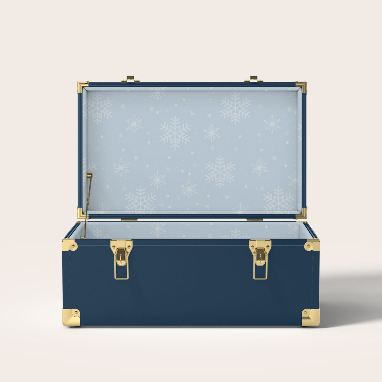 Navy trunk with light blue snowflake interior pattern