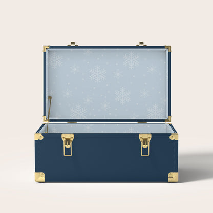 Navy trunk with light blue snowflake interior pattern