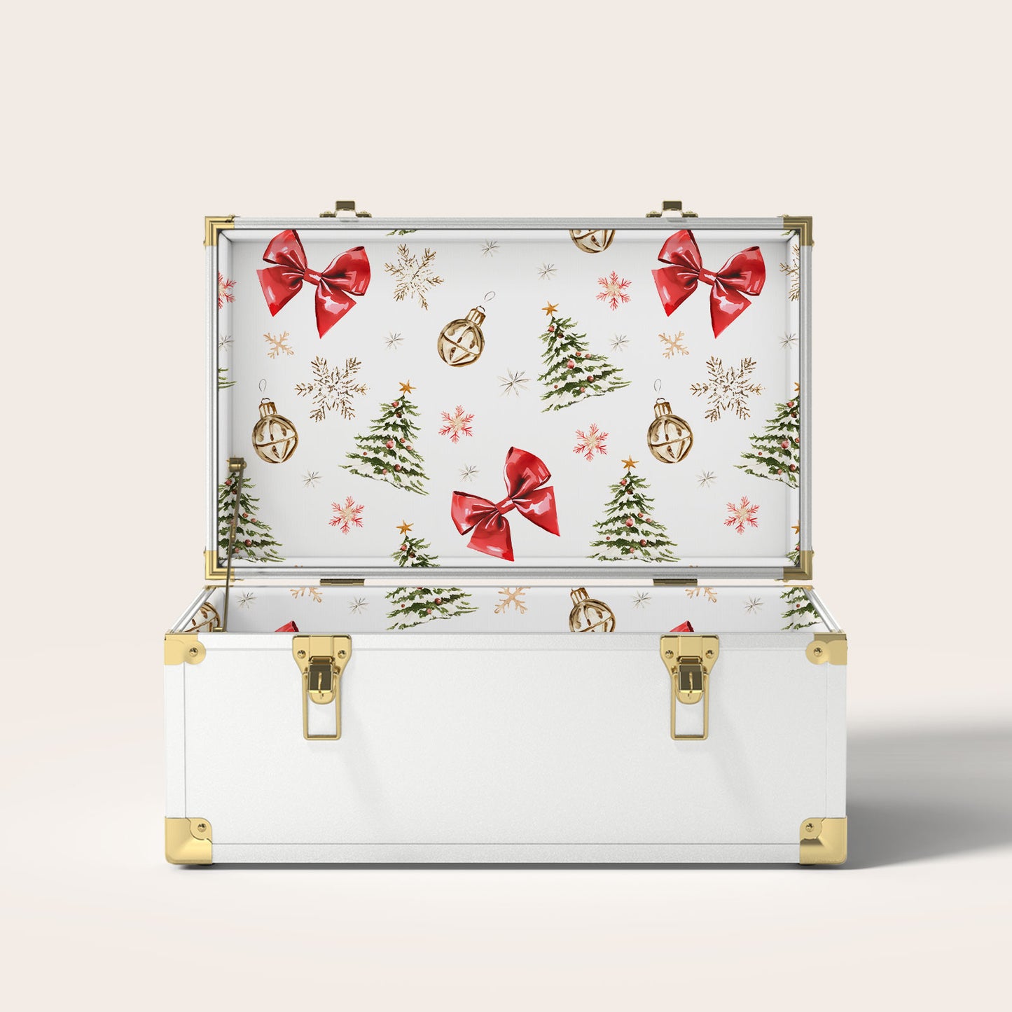 White trunk with Christmas-themed interior pattern